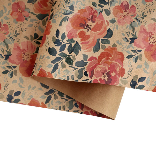30" x 10' Kraft Pink Floral Wrapping Paper, vintage-style floral design, for  gifting