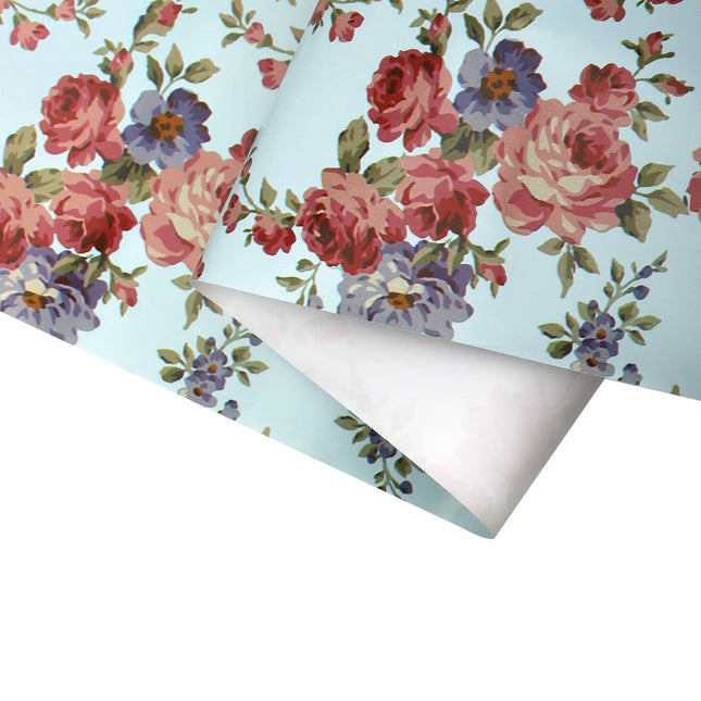 30" x 10' Blue Floral Wrapping Paper, romantic rose pattern on mint background, for occasion gifting