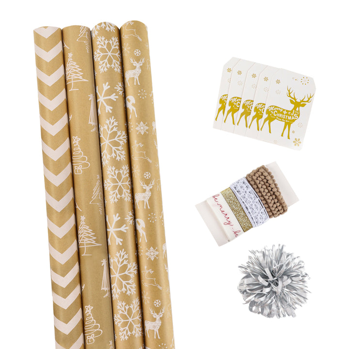 LaRibbons 30" x 10' Christmas Holiday Gift Wrap Deluxe Kit | Kraft w/ White Trees Snowflakes