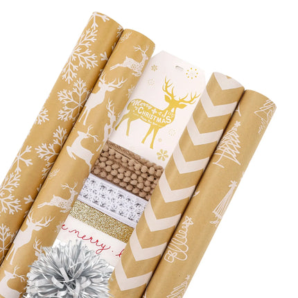 30" x 10' premium holiday gift wrap set featuring kraft base with white Christmas tree and snowflake prints, complete with gift tags, assorted ribbons and silver pom-pom bow