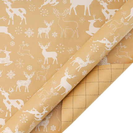 Kraft Christmas wrapping paper with printed white prancing reindeers pattern and grid marking on reverse side