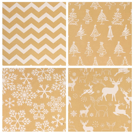 Four pattern swatches of kraft Christmas wrapping paper with white chevron, Christmas tree, snowflake and reindeer prints 