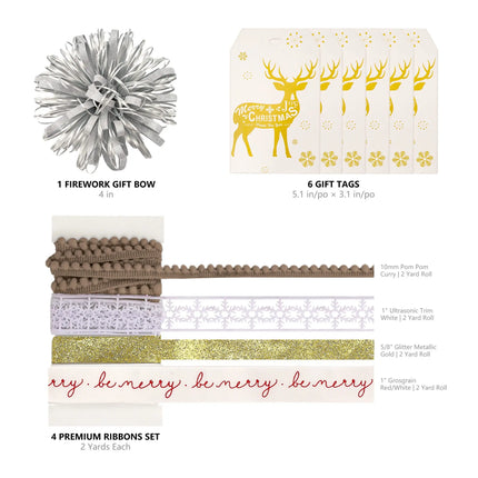 Christmas gift wrapping accessory pack including silver firework bow, reindeer printed gift tags and 4 assorted festive decorative ribbons
