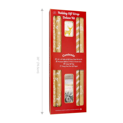 All-in-one deluxe kraft gift wrapping kit for Christmas, 30" x 10'wrapping paper with white tree and snowflake motifs, paired with reindeer tags, multi-style ribbons and fluffy accent bow