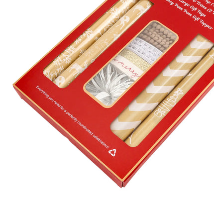 Holiday gift wrap bundle measuring 30"x10', textured kraft paper adorned with white snowflake, pine tree and deer designs, includes labeling tags, decorative ribbons and silver decorative pom bow