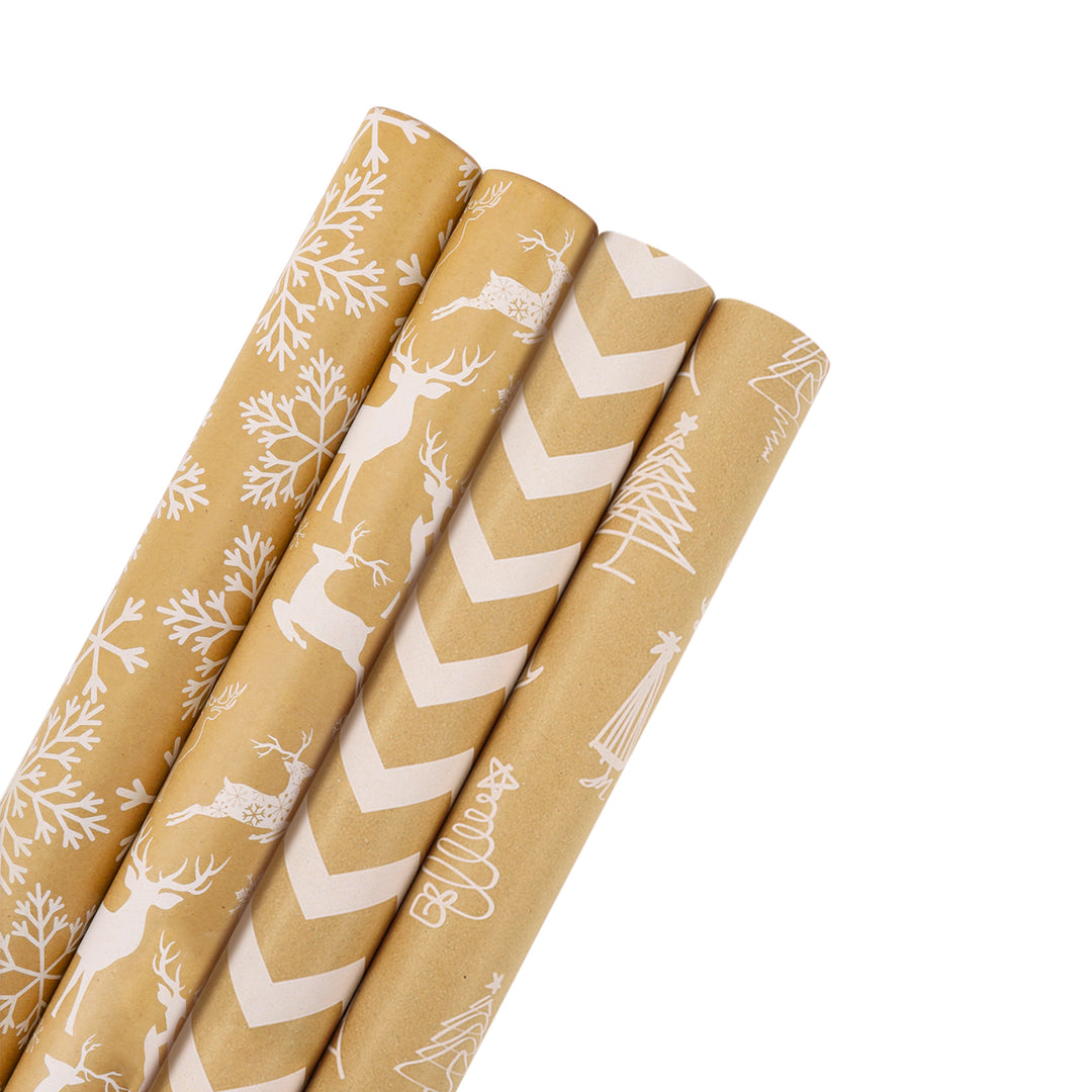 LaRibbons 30" x 10' Christmas Wrapping Paper Bundle (4-pack) | Kraft w/ White Trees Snowflakes