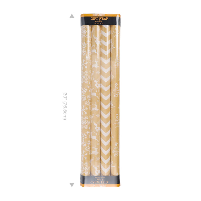 LaRibbons 30" x 10' Christmas Wrapping Paper Bundle (4-pack) | Kraft w/ White Trees Snowflakes LaRibbons and Crafts