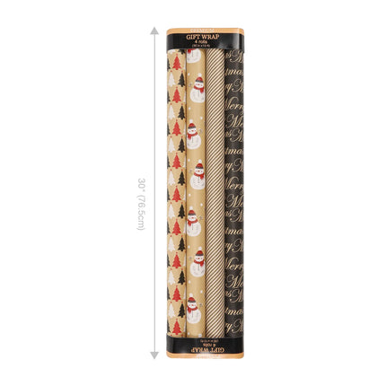 30" x 10' Christmas wrapping paper bundle (4 rustic-style designs: tree, snowman, stripe, "Merry Christmas") 
