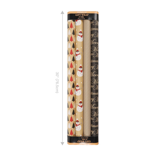 LaRibbons 30" x 10' Christmas Wrapping Paper Bundle (4-pack) | Black and Red Kraft w/ Snowman and Trees LaRibbons and Crafts