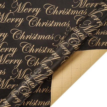 30" x 10' reversible Christmas wrapping paper: black background with gold "Merry Christmas" script on one side, tan grid on the other