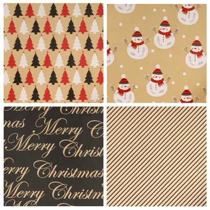 30" x 10' Christmas wrapping paper set (tree, snowman, stripe, "Merry Christmas" patterns) – versatile festive packaging for holiday gifting.