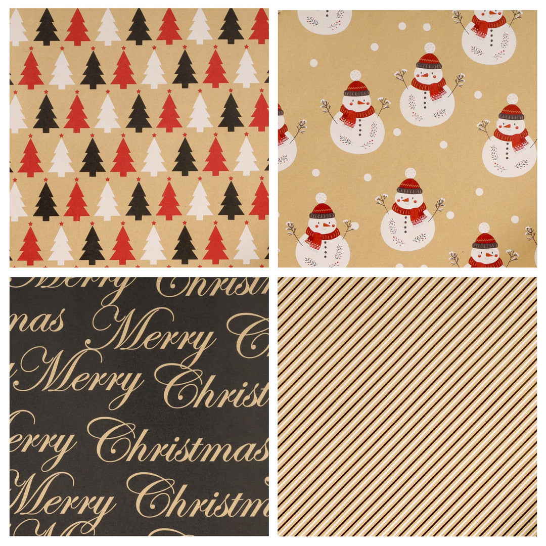 LaRibbons 30" x 10' Christmas Wrapping Paper Bundle (4-pack) | Black and Red Kraft w/ Snowman and Trees