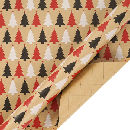 30" x 10' reversible Christmas wrapping paper: tree pattern (tan/red/black/white) on one side, tan grid on the other 
