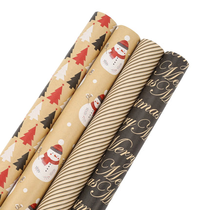 4 rolls of 30" x 10' Christmas wrapping paper (designs: tree pattern, snowman, stripe, "Merry Christmas" script)