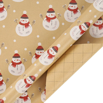 30" x 10' reversible Christmas wrapping paper: snowman pattern (tan/red/white) on one side, tan grid on the other 