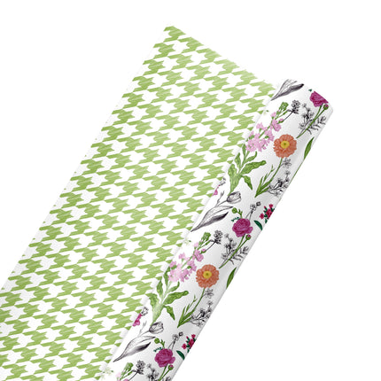 30" x 10' Reversible Wrapping Paper | Bright Blooms w/ Green Herringbone LaRibbons and Crafts