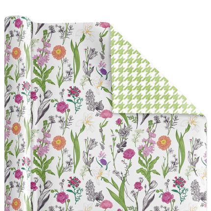 30" x 10' Reversible Wrapping Paper | Bright Blooms w/ Green Herringbone LaRibbons and Crafts