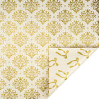 Double-sided metallic gift wrap featuring ornate gold damask pattern and chic gold bow print