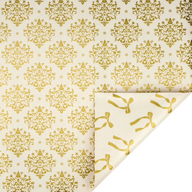 Double-sided metallic gift wrap featuring ornate gold damask pattern and chic gold bow print