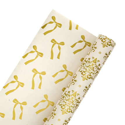 Dual-sided metallic gift wrap pairing rich gold damask design and shimmering gold bow print