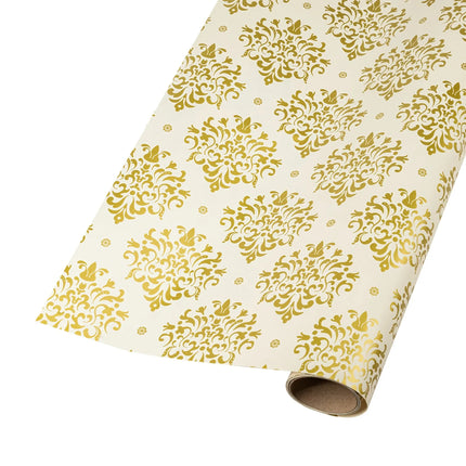 Reversible metallic wrapping paper, with classic gold damask on cream and elegant gold bows