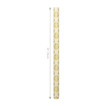 30"x10' reversible metallic holiday wrapping paper with elegant gold damask on cream front and shiny gold bows reverse