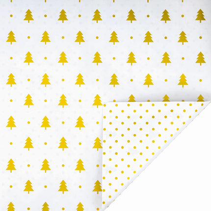 Double-sided metallic gift wrap featuring minimalist gold tree pattern and classic gold polka dots
