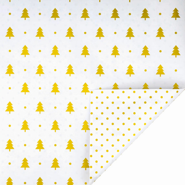 Double-sided metallic gift wrap featuring minimalist gold tree pattern and classic gold polka dots