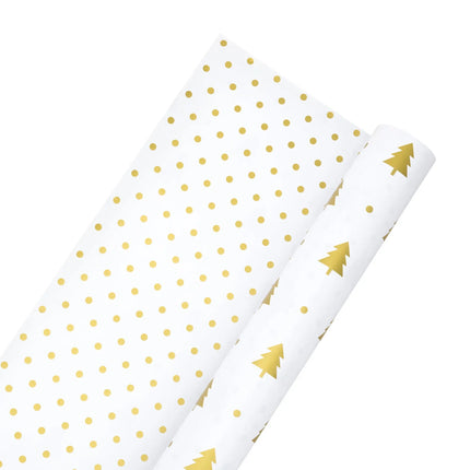 Reversible metallic wrapping paper with clean white background, gold trees on one side and gold polka dots on the other.
