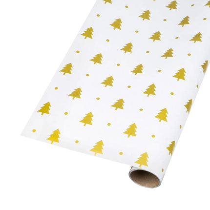 Dual-sided metallic gift wrap pairing simple gold tree motifs and bright gold polka dots