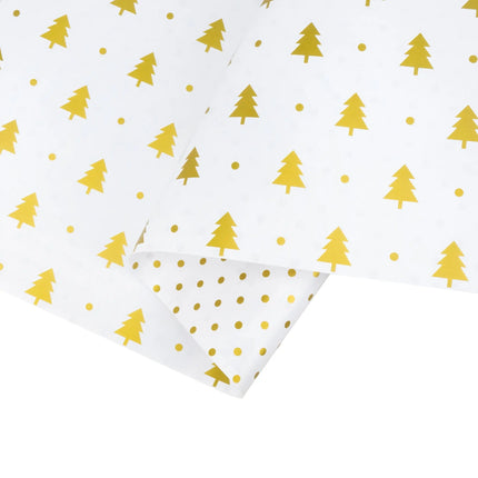 Two-sided holiday wrapping paper combining stylized gold pine trees and cheerful gold polka dots