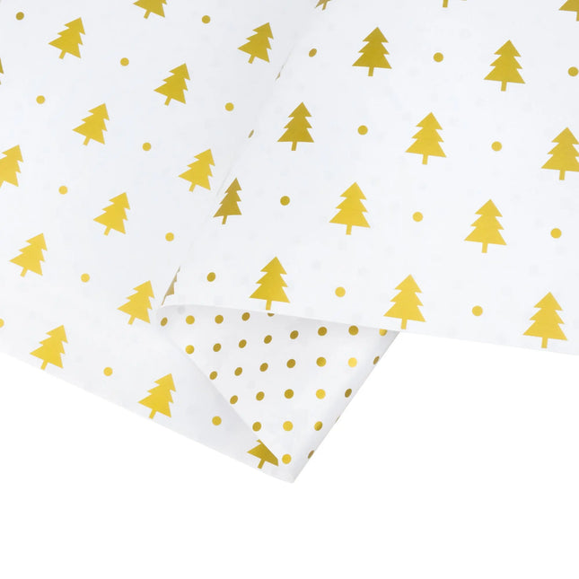 Two-sided holiday wrapping paper combining stylized gold pine trees and cheerful gold polka dots