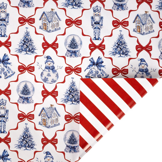 Double-sided festive gift wrap featuring blue nutcracker, snowman, and tree motifs paired with bold red-white candy cane stripes.