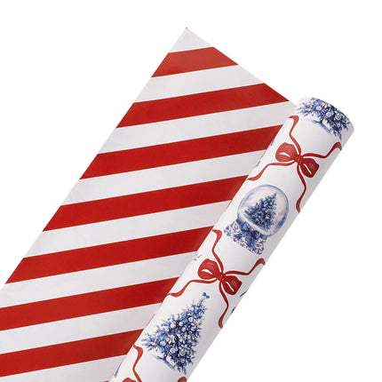 Reversible Christmas paper with charming blue holiday illustrations and coordinating red-white stripes