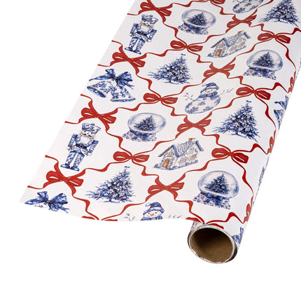 Dual-sided gift wrap pairing delicate blue Christmas icons with red-white diagonal stripes
