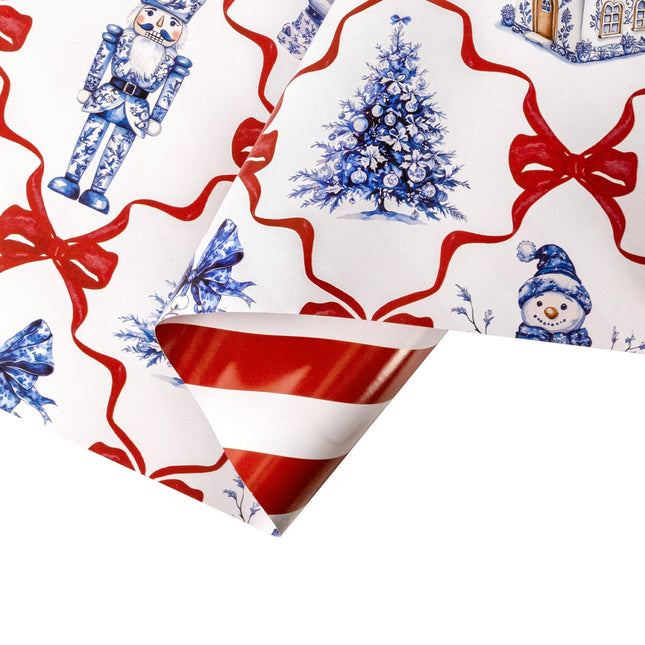 Two-sided holiday wrapping paper combining whimsical blue Christmas icons with classic red-white diagonal stripes