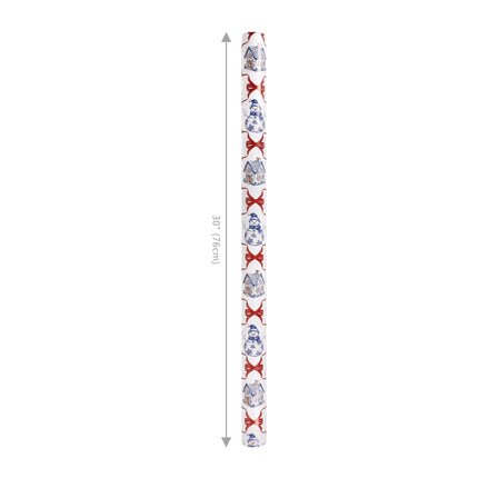 30"x10' reversible holiday wrapping paper with blue Christmas icons and red bows on one side, red-white diagonal stripes on the other.