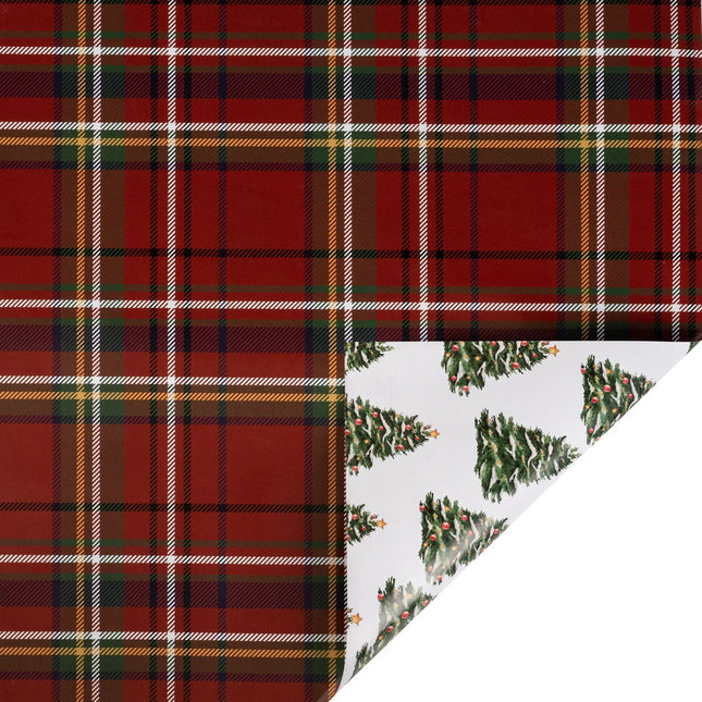 Double-sided festive gift wrap featuring classic red tartan plaid and whimsical decorated Christmas trees