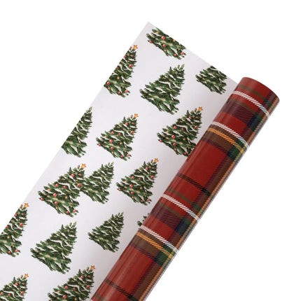 Reversible Christmas paper with traditional tartan plaid pattern and decorated tree illustrations