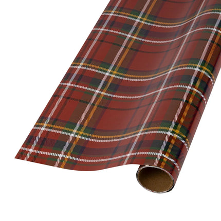 Dual-sided gift wrap pairing classic red tartan plaid with decorated Christmas trees