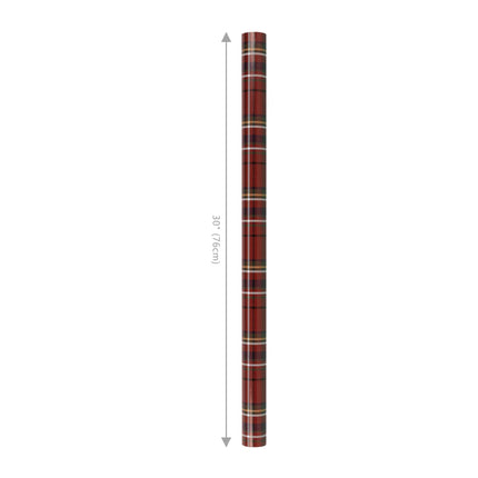 30"x10' reversible holiday wrapping paper with traditional red tartan plaid on one side and decorated Christmas trees on the other.
