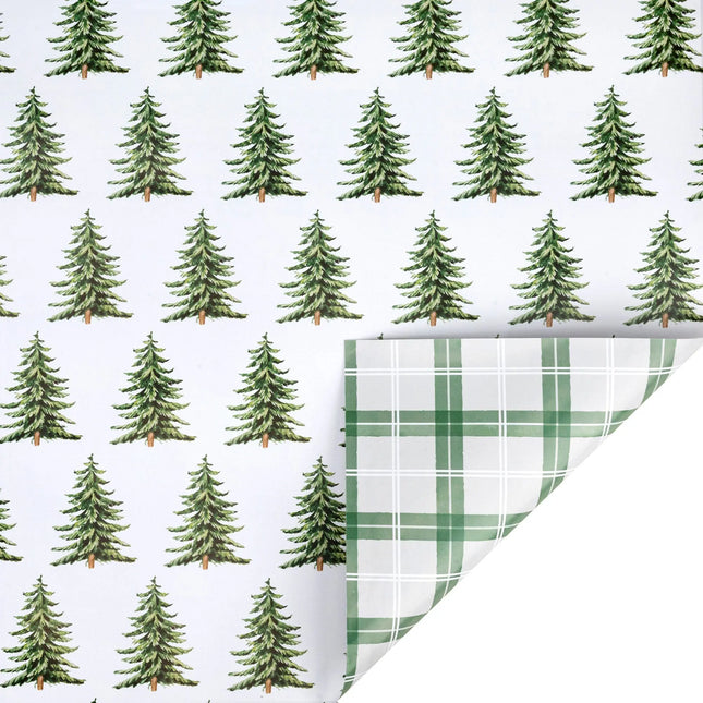Double-sided festive gift wrap featuring watercolor pine trees and soft green-white plaid