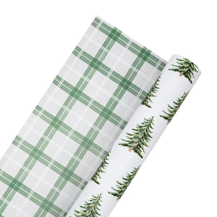 Reversible Christmas paper with scattered evergreen trees and coordinating green-white plaid