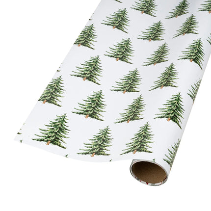 Dual-sided gift wrap pairing all-over evergreen trees and fresh green-white plaid for cozy, rustic holiday wrapping.
