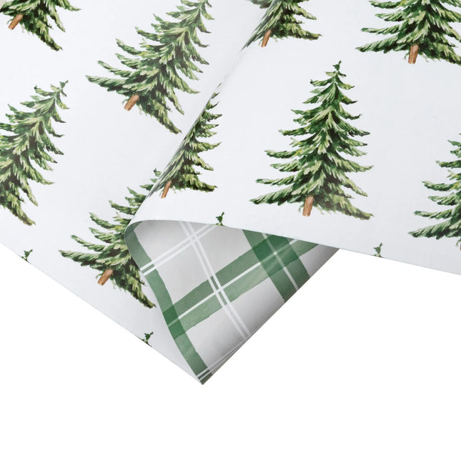 Two-sided holiday wrapping paper combining classic evergreen tree prints and fresh green plaid