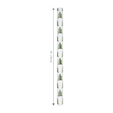 30"x10' reversible holiday wrapping paper with all-over evergreen trees on one side and green-white plaid on the other.