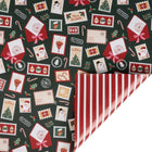 Double-sided gift wrap featuring festive Christmas stamp prints and bright red-white stripes