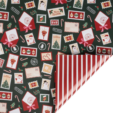 Double-sided gift wrap featuring festive Christmas stamp prints and bright red-white stripes