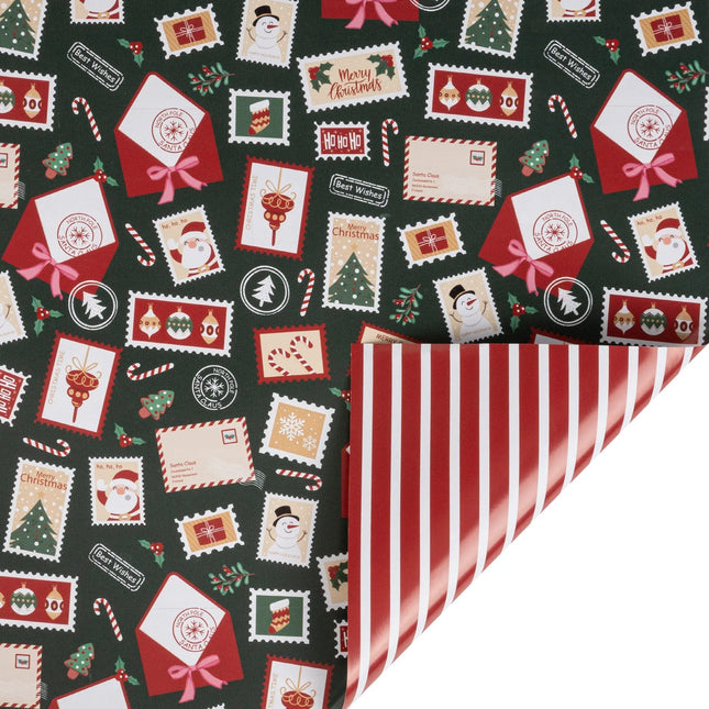 Double-sided gift wrap featuring festive Christmas stamp prints and bright red-white stripes