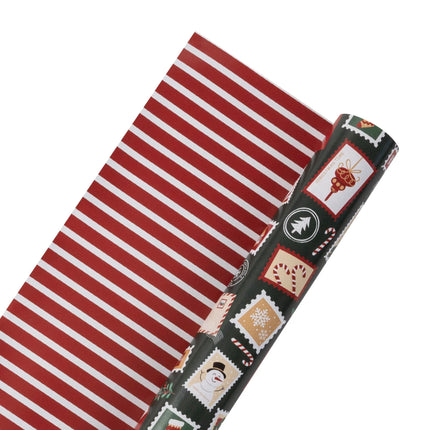 Dual-sided gift wrap pairing retro holiday stamp designs and crisp red-white stripes for festive use.